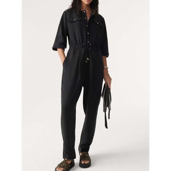 ba&sh Alvor Jumpsuit Womens 6 Black Cupro Lightweight 3/4 Sleeves Designer - Picture 1 of 13